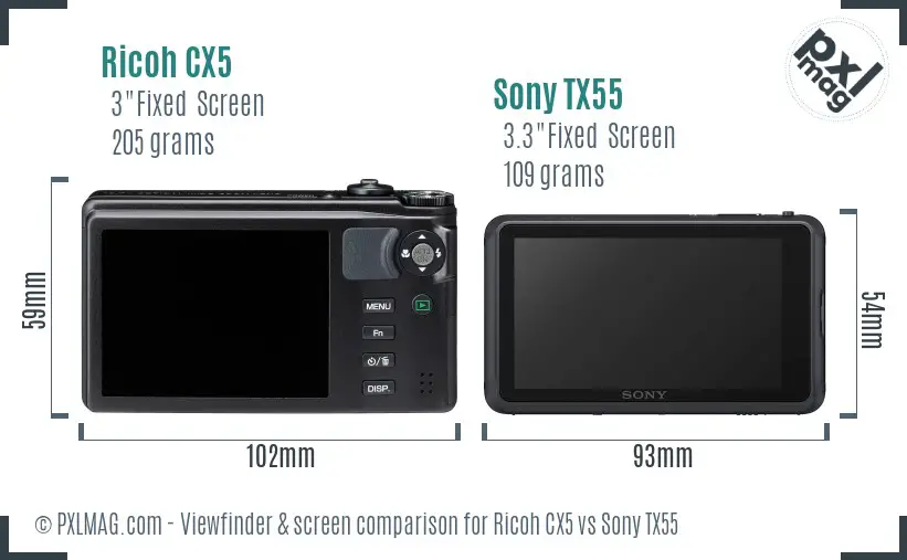 Ricoh CX5 vs Sony TX55 Screen and Viewfinder comparison