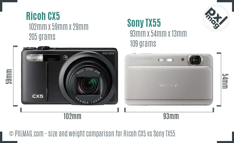 Ricoh CX5 vs Sony TX55 size comparison
