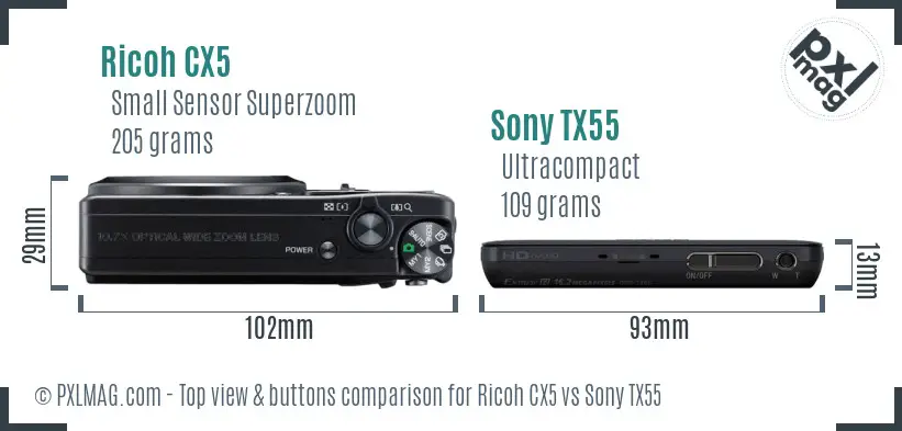 Ricoh CX5 vs Sony TX55 top view buttons comparison