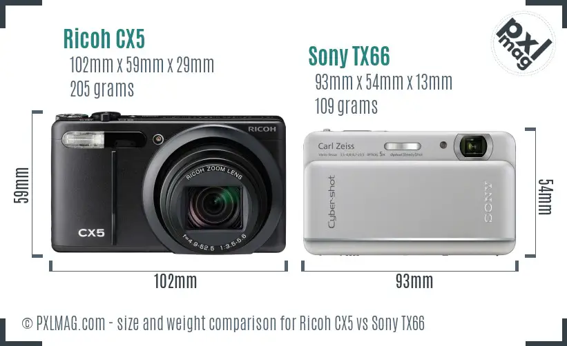 Ricoh CX5 vs Sony TX66 size comparison