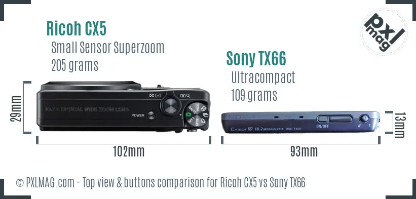 Ricoh CX5 vs Sony TX66 top view buttons comparison