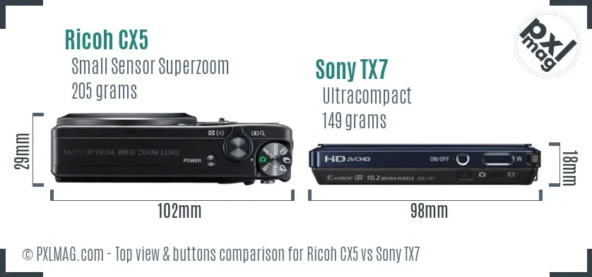 Ricoh CX5 vs Sony TX7 top view buttons comparison