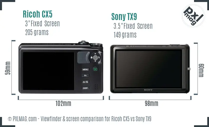 Ricoh CX5 vs Sony TX9 Screen and Viewfinder comparison