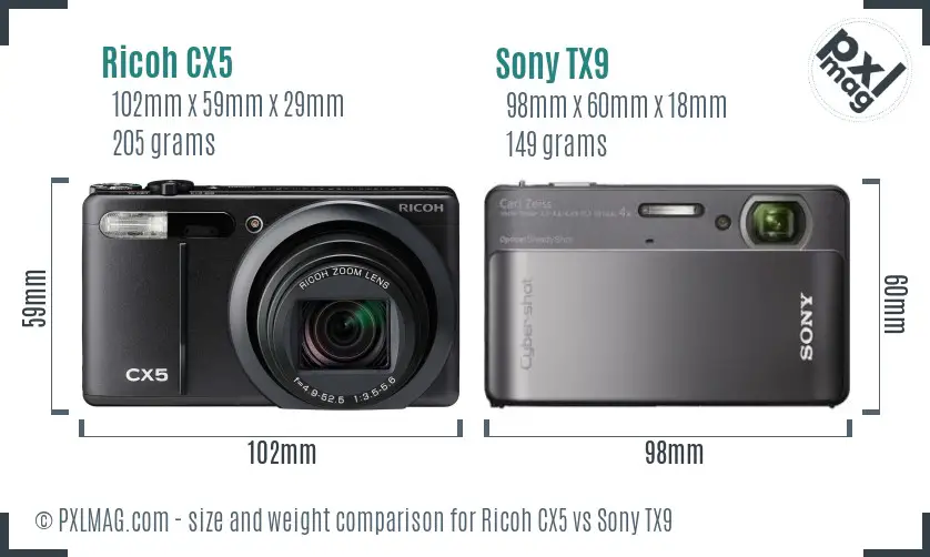 Ricoh CX5 vs Sony TX9 size comparison