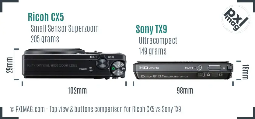 Ricoh CX5 vs Sony TX9 top view buttons comparison