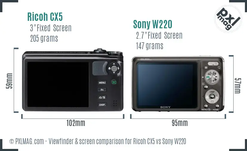 Ricoh CX5 vs Sony W220 Screen and Viewfinder comparison