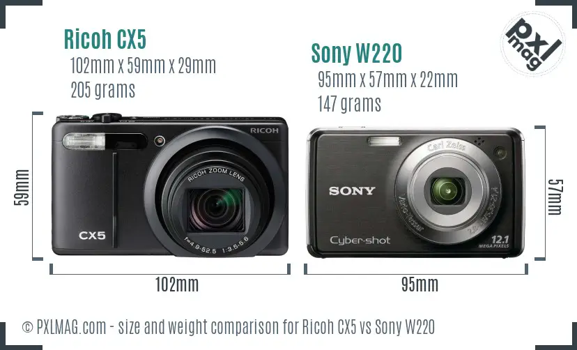Ricoh CX5 vs Sony W220 size comparison