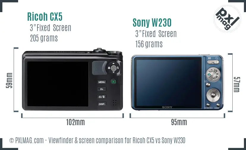 Ricoh CX5 vs Sony W230 Screen and Viewfinder comparison