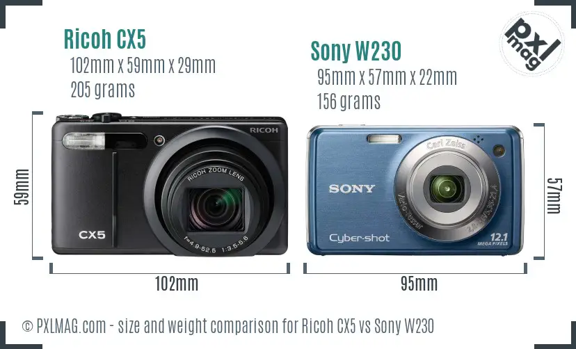 Ricoh CX5 vs Sony W230 size comparison