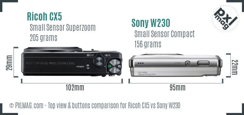 Ricoh CX5 vs Sony W230 top view buttons comparison