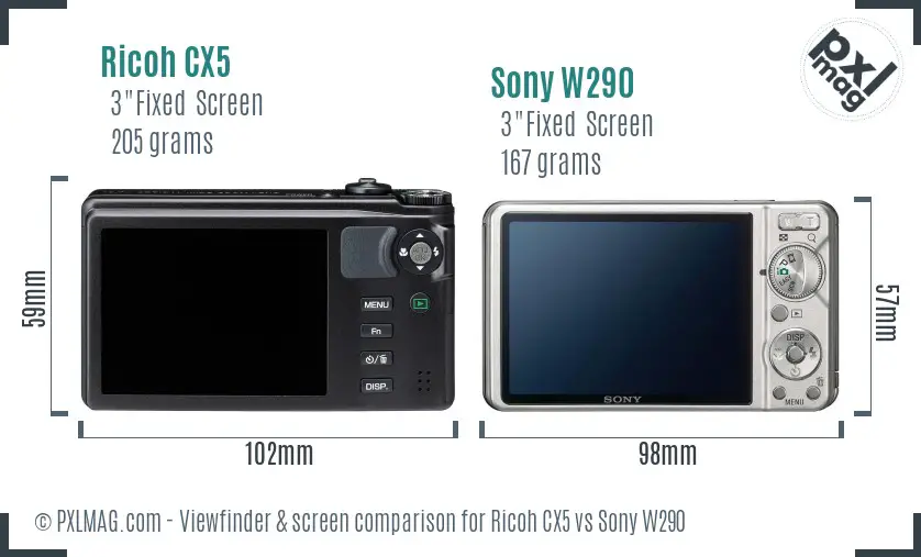 Ricoh CX5 vs Sony W290 Screen and Viewfinder comparison