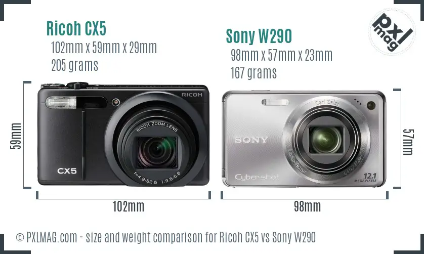 Ricoh CX5 vs Sony W290 size comparison