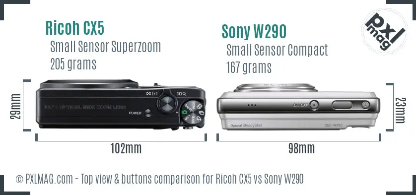 Ricoh CX5 vs Sony W290 top view buttons comparison