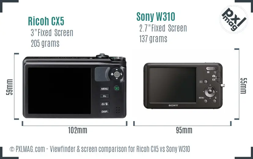 Ricoh CX5 vs Sony W310 Screen and Viewfinder comparison