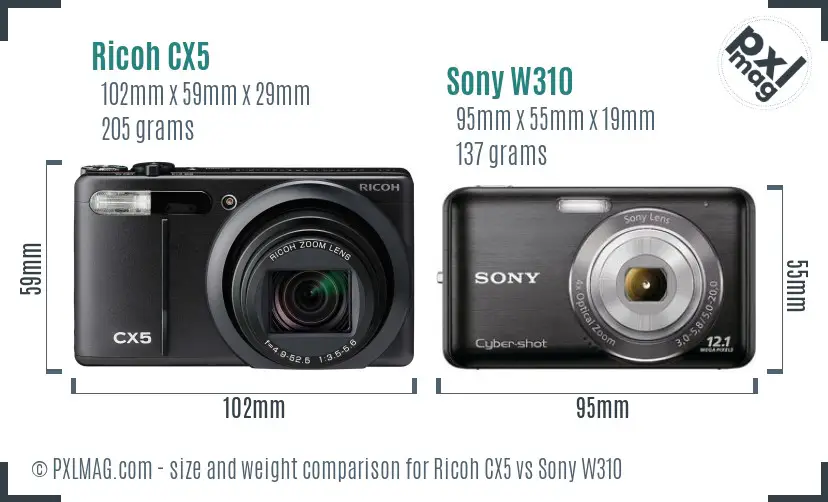 Ricoh CX5 vs Sony W310 size comparison