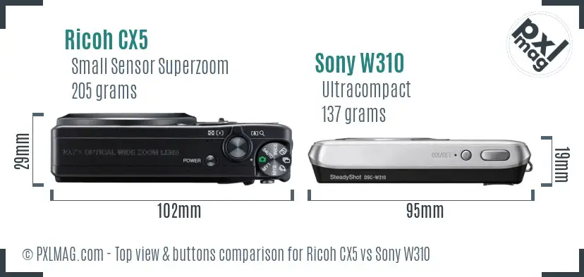Ricoh CX5 vs Sony W310 top view buttons comparison