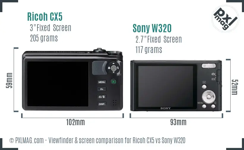 Ricoh CX5 vs Sony W320 Screen and Viewfinder comparison