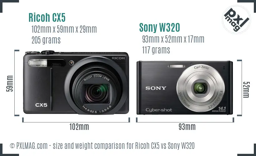 Ricoh CX5 vs Sony W320 size comparison