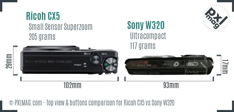 Ricoh CX5 vs Sony W320 top view buttons comparison