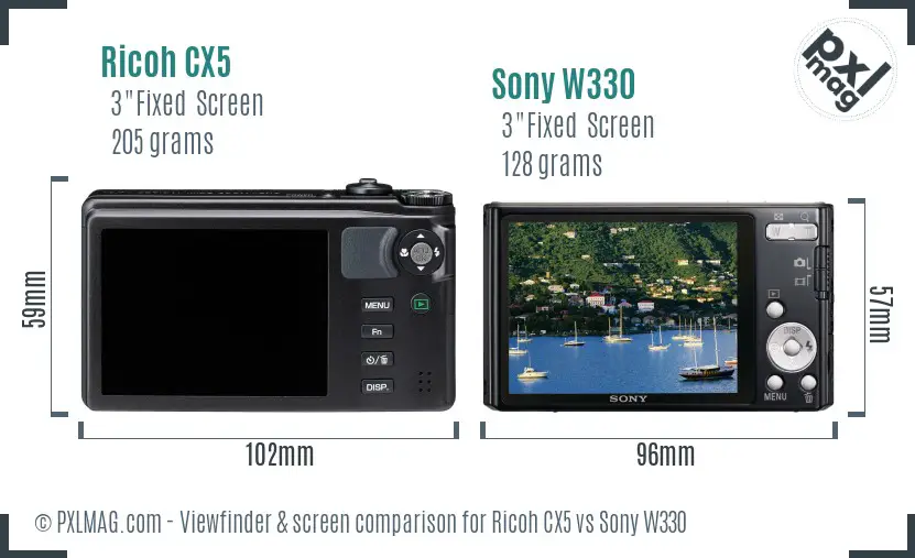 Ricoh CX5 vs Sony W330 Screen and Viewfinder comparison