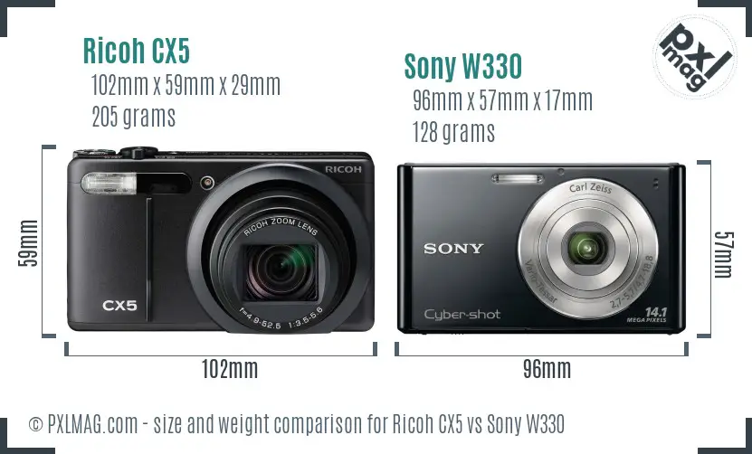 Ricoh CX5 vs Sony W330 size comparison