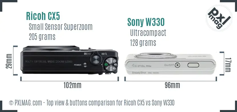 Ricoh CX5 vs Sony W330 top view buttons comparison