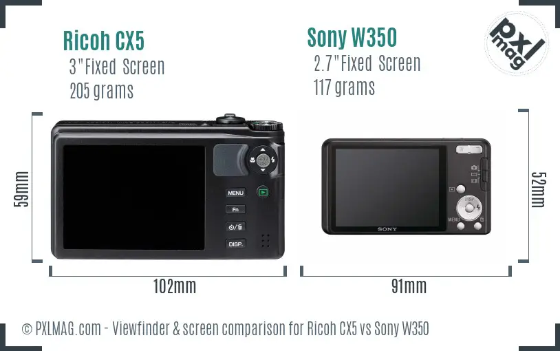 Ricoh CX5 vs Sony W350 Screen and Viewfinder comparison