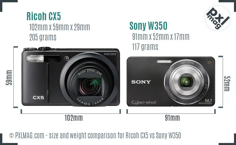 Ricoh CX5 vs Sony W350 size comparison