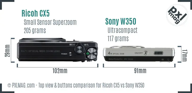 Ricoh CX5 vs Sony W350 top view buttons comparison