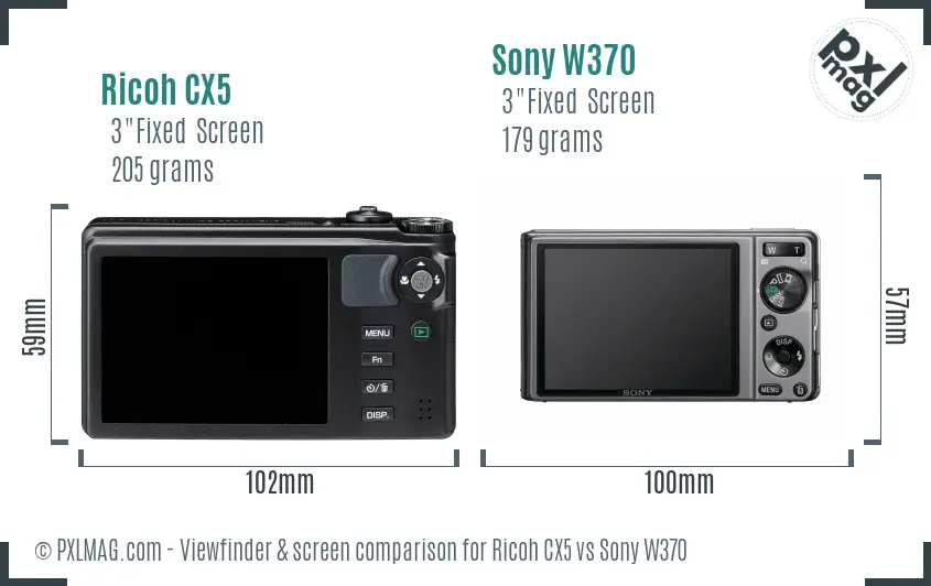 Ricoh CX5 vs Sony W370 Screen and Viewfinder comparison