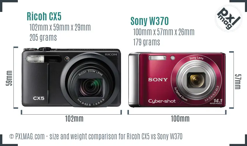 Ricoh CX5 vs Sony W370 size comparison