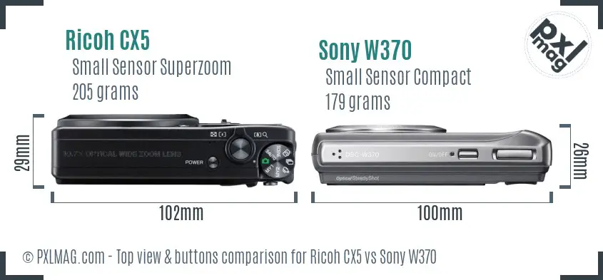 Ricoh CX5 vs Sony W370 top view buttons comparison