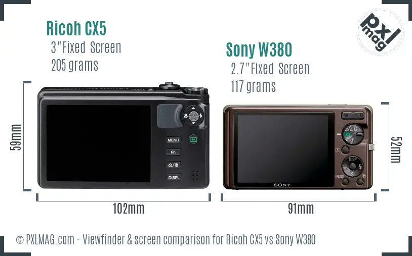 Ricoh CX5 vs Sony W380 Screen and Viewfinder comparison