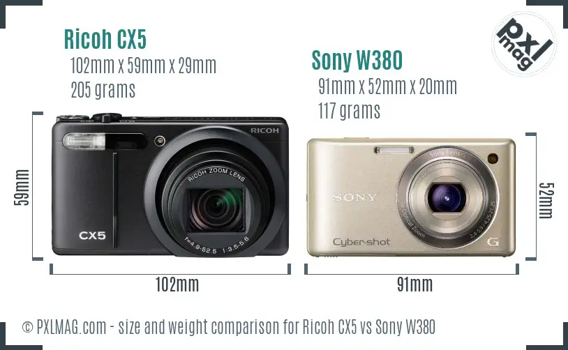 Ricoh CX5 vs Sony W380 size comparison