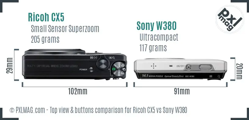 Ricoh CX5 vs Sony W380 top view buttons comparison