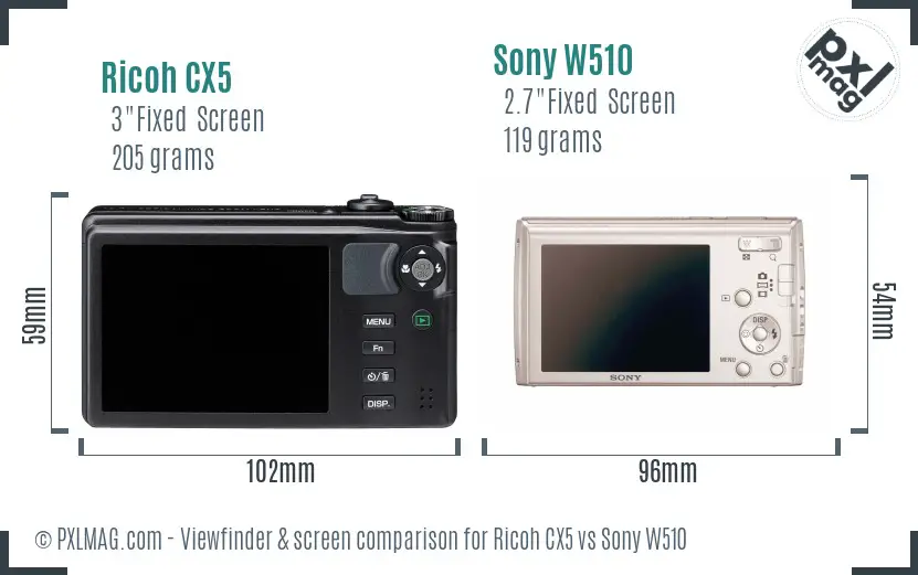 Ricoh CX5 vs Sony W510 Screen and Viewfinder comparison