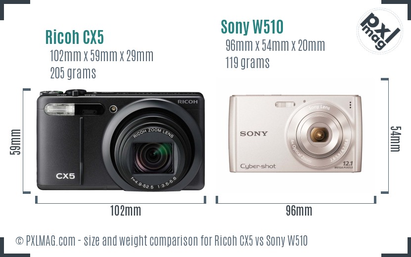 Ricoh CX5 vs Sony W510 size comparison