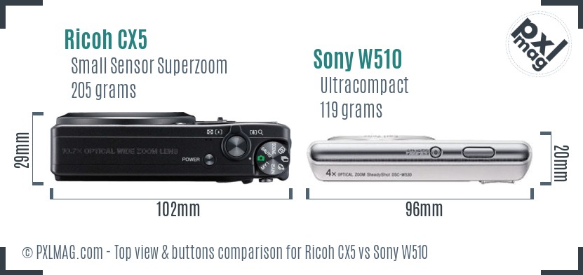 Ricoh CX5 vs Sony W510 top view buttons comparison