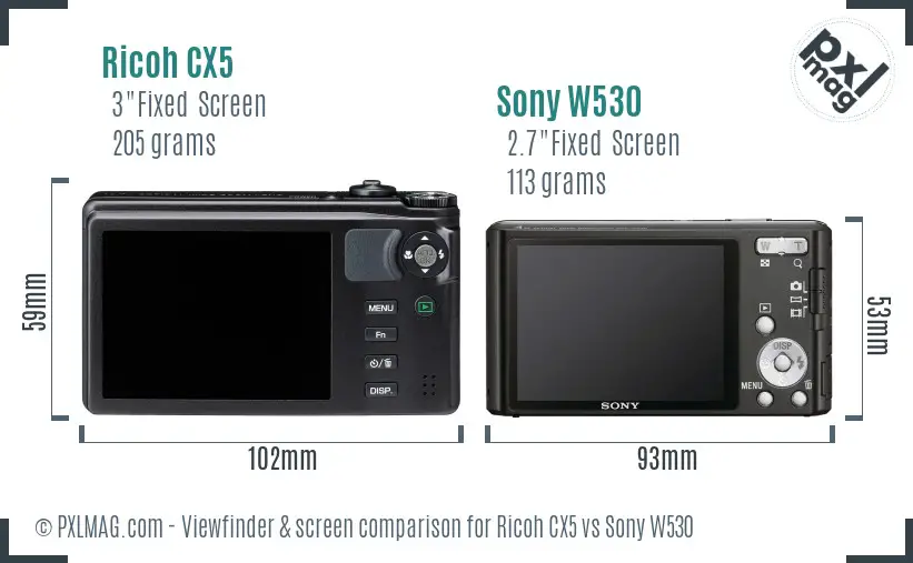 Ricoh CX5 vs Sony W530 Screen and Viewfinder comparison