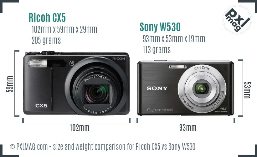 Ricoh CX5 vs Sony W530 size comparison
