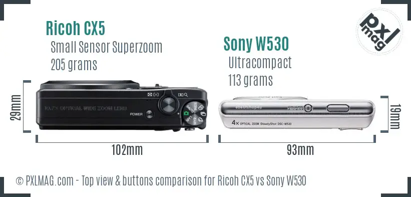 Ricoh CX5 vs Sony W530 top view buttons comparison