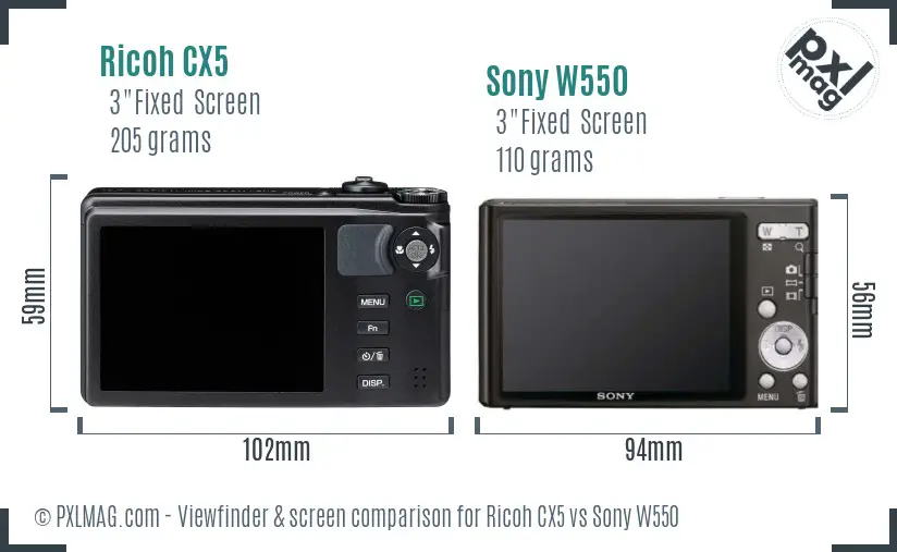 Ricoh CX5 vs Sony W550 Screen and Viewfinder comparison