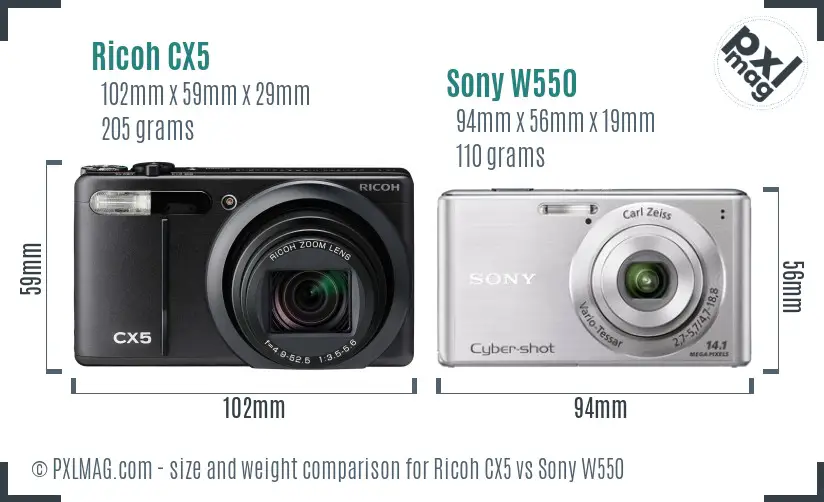Ricoh CX5 vs Sony W550 size comparison