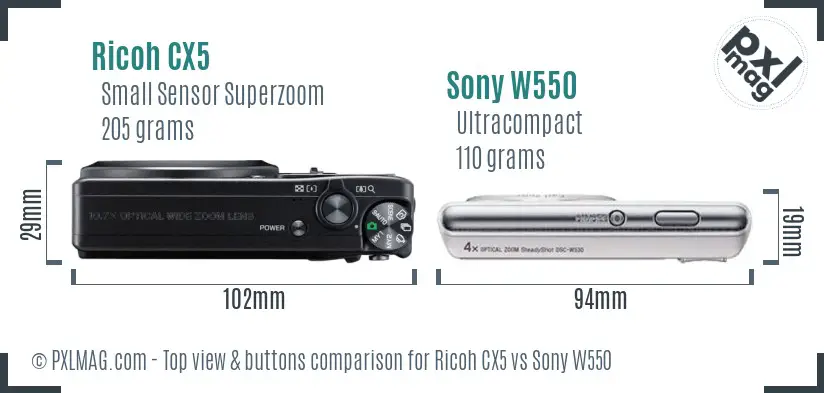 Ricoh CX5 vs Sony W550 top view buttons comparison