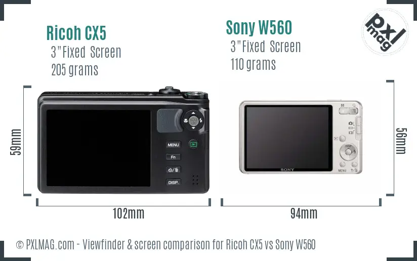 Ricoh CX5 vs Sony W560 Screen and Viewfinder comparison