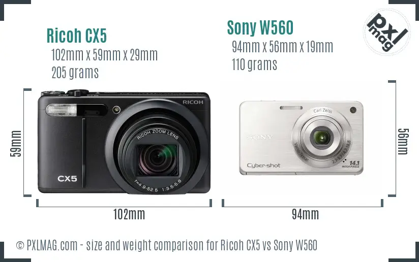Ricoh CX5 vs Sony W560 size comparison