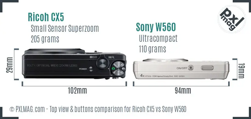 Ricoh CX5 vs Sony W560 top view buttons comparison
