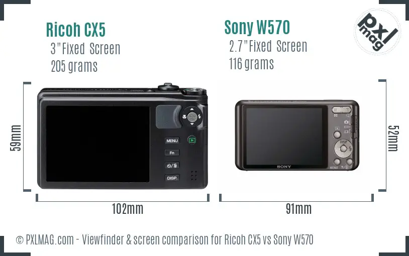 Ricoh CX5 vs Sony W570 Screen and Viewfinder comparison