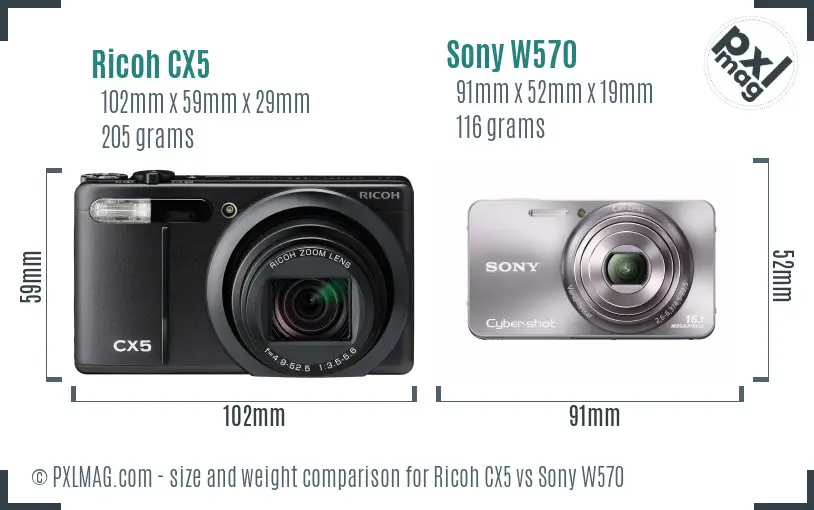 Ricoh CX5 vs Sony W570 size comparison