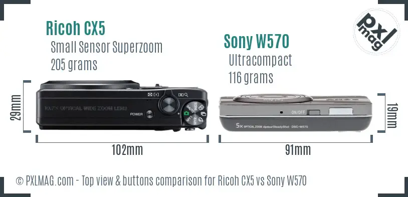 Ricoh CX5 vs Sony W570 top view buttons comparison